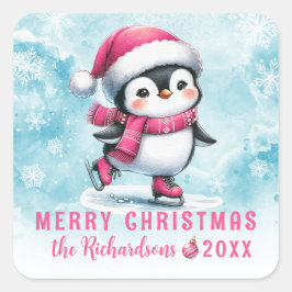 Blue Pink Fun Penguin Ice Skater Frohe Weihnachten Quadratischer Aufkleber