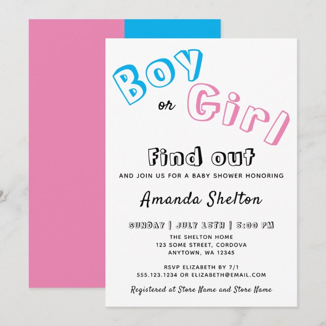 Blue Pink Gender Reveal Baby Dusche Einladung (Vorne/Hinten)