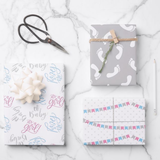 Blue Pink Gender Reveal Packaging Paper Sheets Geschenkpapier Set (Vorderseite)