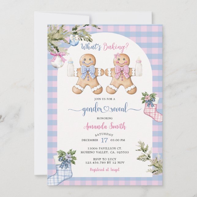 Blue & Pink Gingham Christmas Cookie Gender Reveal Einladung (Vorderseite)