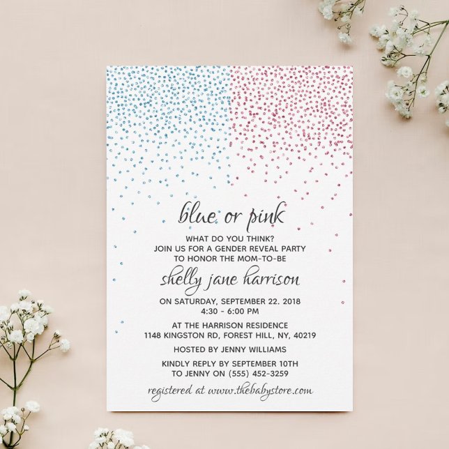 Blue & Pink Glitzer Confetti Gender Reveal Party Einladung (Von Creator hochgeladen)
