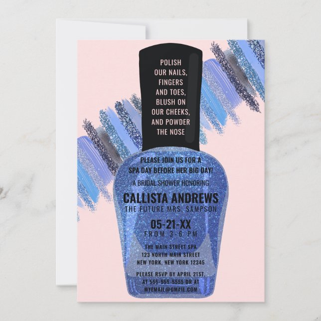 Blue Pink Glitzer Nail Polnischer Wellness-Center  Einladung (Vorderseite)