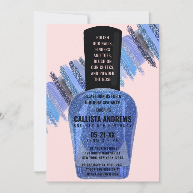 Blue Pink Glitzer Nail Polnischer Wellness-Center  Einladung (Vorderseite)