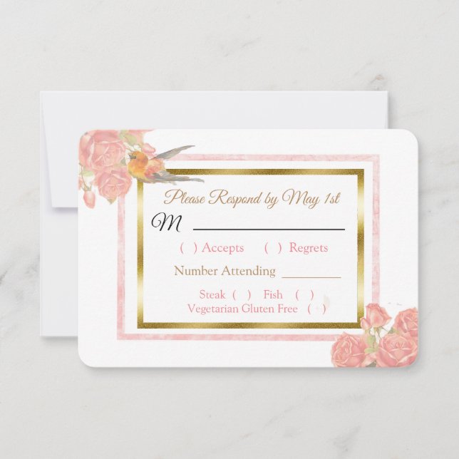 Blue PInk Gold Bird & Floral Wedding RSVP Karte (Vorderseite)