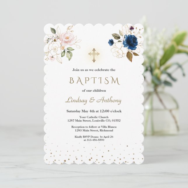 Blue Pink Gold Blume Twins Taufe Einladung (Stehend Vorderseite)