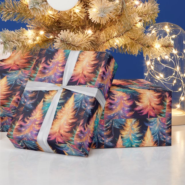 Blue Pink Gold Light Trees Moderne Weihnachten Geschenkpapier (Feiertage)