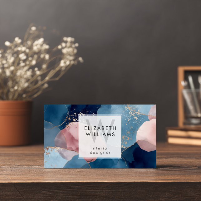 Blue Pink Gold Monogram Modern Business Card (Von Creator hochgeladen)