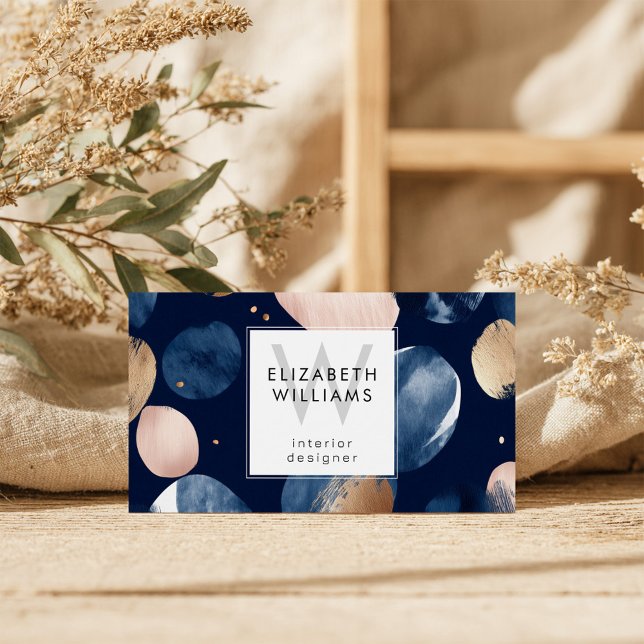 Blue Pink Gold Monogram Modern Business Card (Von Creator hochgeladen)