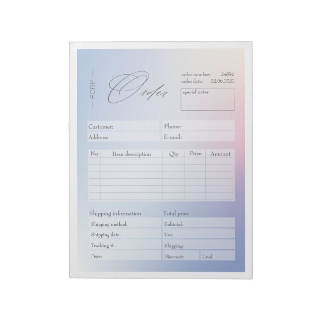 Blue & Pink Gradient Business Order Form Notizblock (Rotiert)