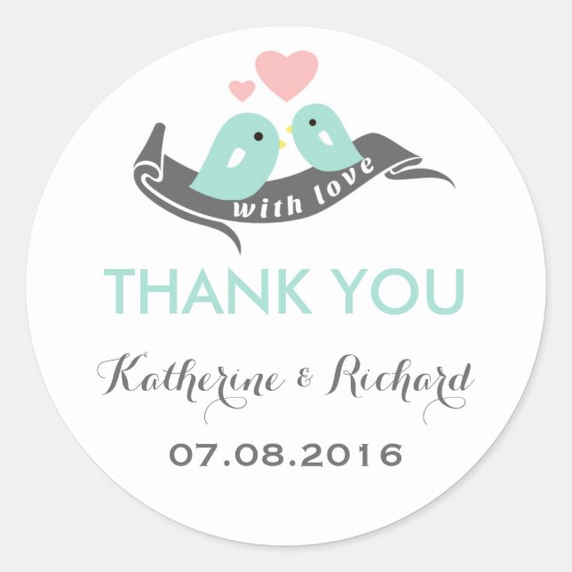 Blue Pink Gray Love Birds Gastgeschenk Hochzeit St Runder Aufkleber (Vorderseite)