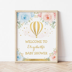 Blue Pink Hot Air Ballon Baby Dusche Willkommen Poster