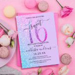 Blue Pink Lavendel Silver Glitzer Ombre Sweet 16 Einladung<br><div class="desc">Diese hübsche 16 . Geburtstag-Geburtstagsfeier lädt zum Verweilen bei einer jungen Teenagertochter ein. Es verfügt über ein Imitat funkelnd blau, magenta, und lila Glitzer groß, "16", auf einem einfachen pastellfarbenen Lavendel lila und Imitat Lavendel, blau und lila lila Glitzer seitwärts Gradienten ombre Hintergrund. Es ist einfach, einzigartig, modern, hübsch und...</div>