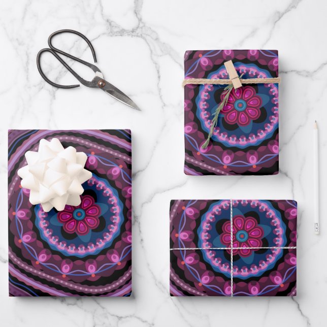 Blue Pink Lilac Mandala Geschenkpapier Set (Vorderseite)