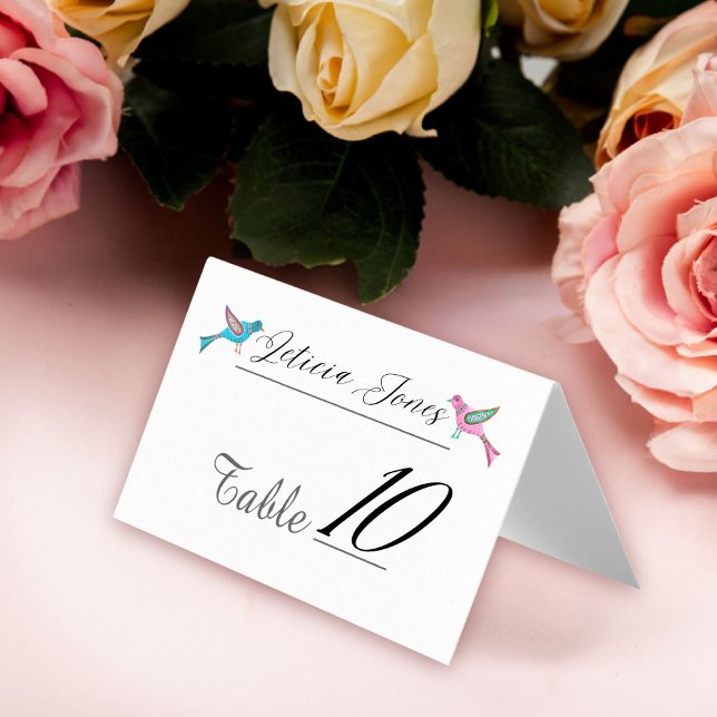 Blue & Pink Lovebirds Mexican Wedding Platzkarte (Von Creator hochgeladen)