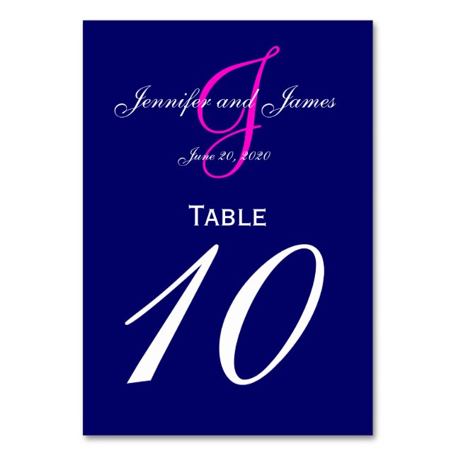 Blue Pink Monogram Wedding Tischnummer Card (Vorderseite)