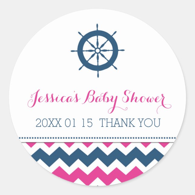 Blue Pink Nautical Baby Dusche Pflegeaufkleber Runder Aufkleber (Vorderseite)