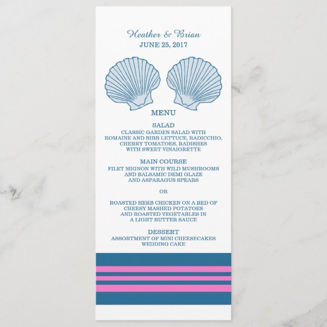 Blue Pink Nautical Seashells Wedding Menu Menükarte (Vorderseite)