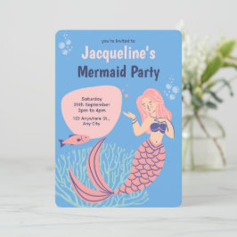 Blue Pink Niedlich Mermaid Party Geburtstag Einladung