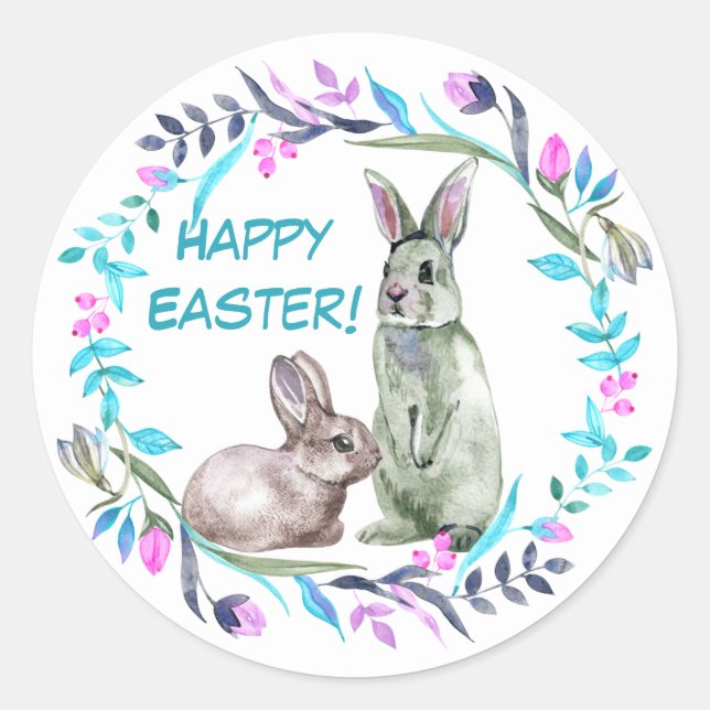 Blue Pink Oaster Bunny Wreath Runder Aufkleber (Vorderseite)