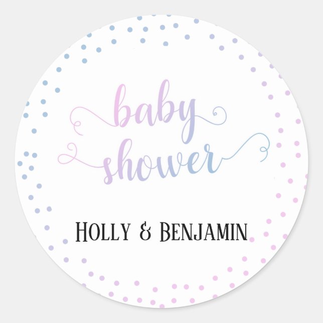 Blue Pink Ombré Confetti Typografie Kinderdusche Runder Aufkleber (Vorderseite)