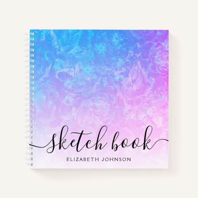 Blue Pink Ombre Floral Girly Name Sketchbook Notizbuch (Vorderseite)
