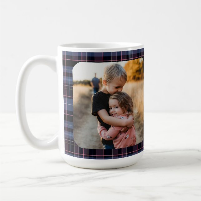 Blue Pink Plaid 1-Photo Custom Holiday Gift Script Kaffeetasse (Links)