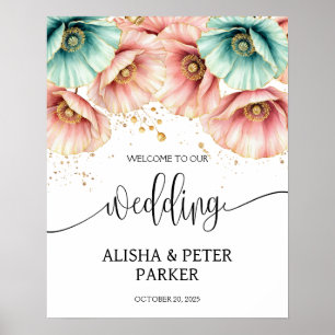 Blue & Pink Poppy Watercolor Hochzeit Willkommen Poster