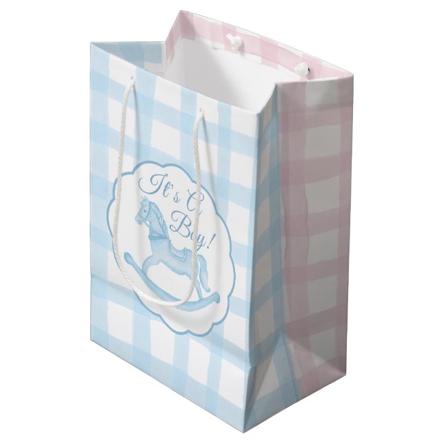 Blue Pink Rocking Horse Gender Reveal Geschenktasc Mittlere Geschenktüte (Vorderseite Schrägansicht)