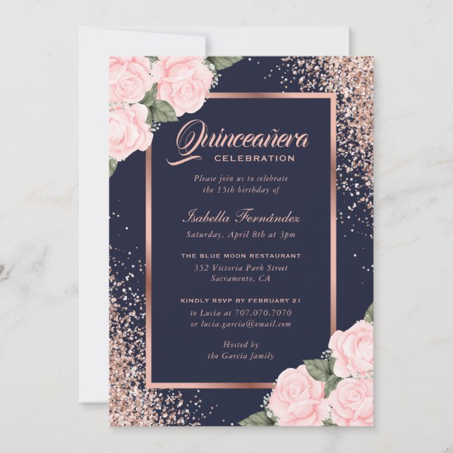 Blue Pink Rose Gold Floral Quinceñera Einladung (Vorderseite)