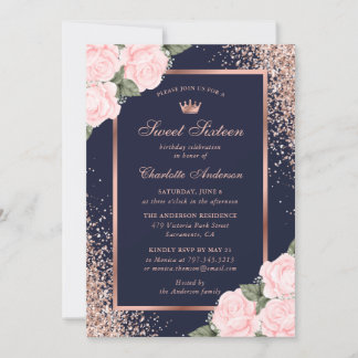 Blue Pink Rose Gold Floral Sweet 16 Geburtstag Einladung