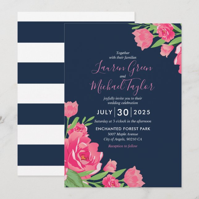 Blue Pink Roses Blume Bouquet Blumenzwiebeln Einladung (Vorne/Hinten)