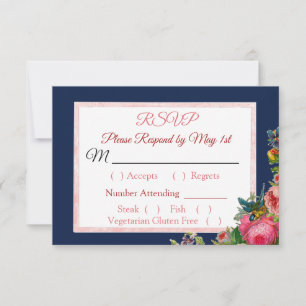 Blue PInk Roses Floral Striped Wedding carte RSVP