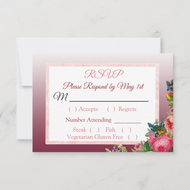 Blue PInk Roses Floral Striped Wedding carte RSVP (Devant)