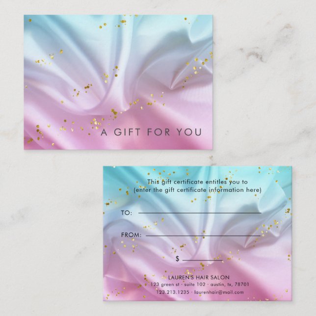 Blue Pink Satin Gold Geschenkgutschein Visitenkarte (Vorne/Hinten)