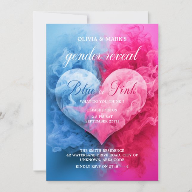 Blue Pink Smoke Heart Baby Gender Reveal Party Einladung (Vorderseite)
