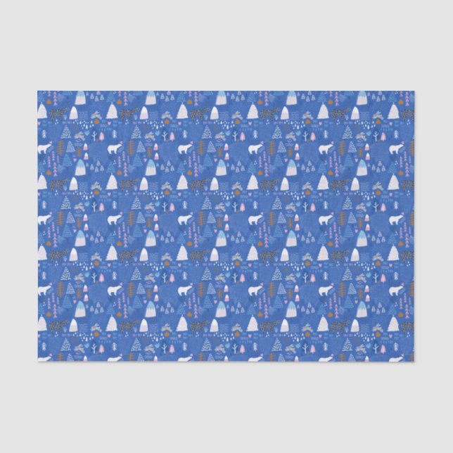 Blue Pink Snowy Happy Winter Forest Bear Bunny Seidenpapier (Vorderseite)
