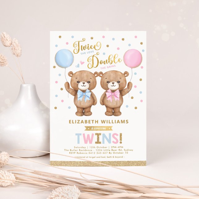 Blue Pink Teddy Bear Boy Girl Twins Baby Dusche Einladung (Von Creator hochgeladen)