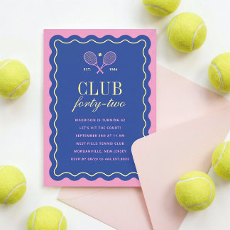 Blue + Pink Tennisclub Erwachsenen-Geburtstagsfeie Einladung