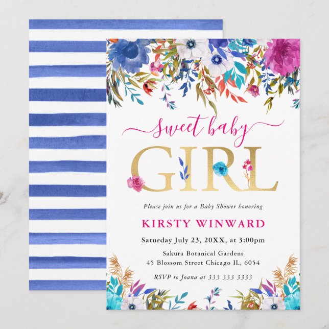 Blue, Pink und White Summer Blume Babydusche Einladung (Vorne/Hinten)