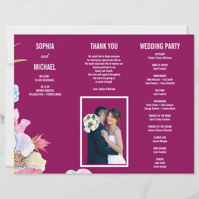 Blue Pink Watercolor Blume Hochzeitsprogramm Flyer (Vorderseite)