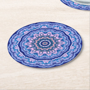 Blue Pink White Agate Boho Mandala Runder Pappuntersetzer