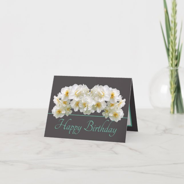Blue Pink White Daffodil Bouquet Happy Birthday Karte (Vorderseite)