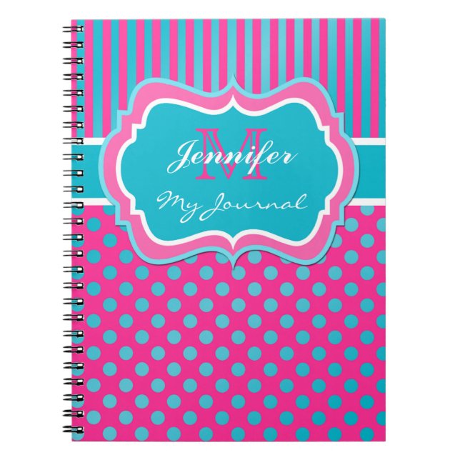 Blue Pink White Polka Dock Striping Journal Notebo Notizblock (Vorderseite)