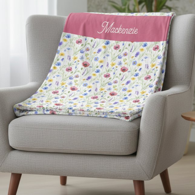 Blue Pink Wildflower Botanical Custom Name  Fleecedecke (Von Creator hochgeladen)