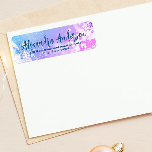 Blue Pink Winter Snowflakes Modernes Script Label