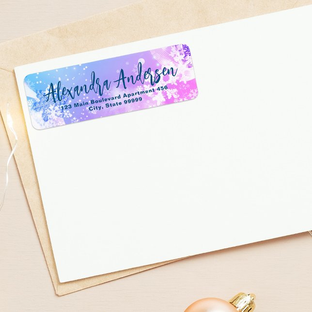 Blue Pink Winter Snowflakes Modernes Script Label (Von Creator hochgeladen)