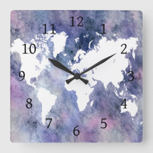 Blue Pink World Map Design 65 Quadratische Wanduhr