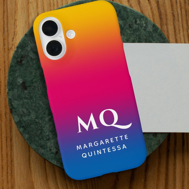 Blue Pink Yellow Gradient White Monogram Initials iPhone 16 Hülle (Von Creator hochgeladen)
