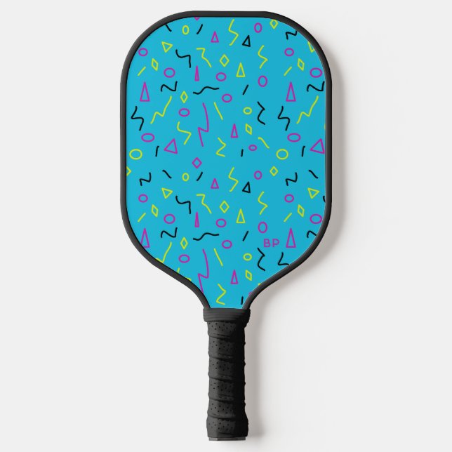 Blue Pink Yellow Squiggles Memphis Pattern der 198 Pickleball Schläger (Vorderseite)