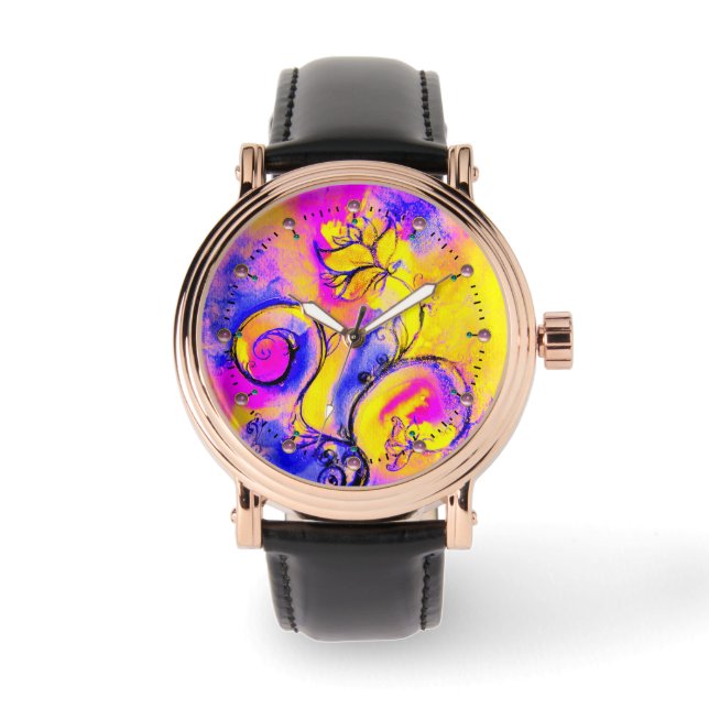 BLUE PINK YELLOW WHIMSICAL BLUME ARMBANDUHR (Vorderseite)